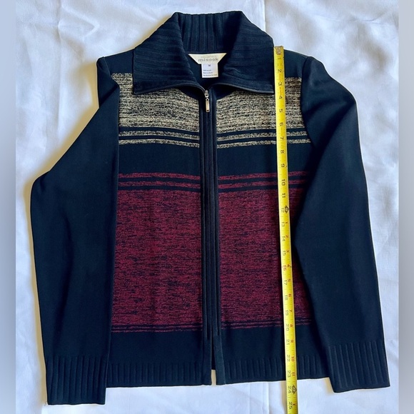 Misook Sweater Womens M Black Red Striped Zip Up Long Sleeve Knit Cardigan - Picture 4 of 7